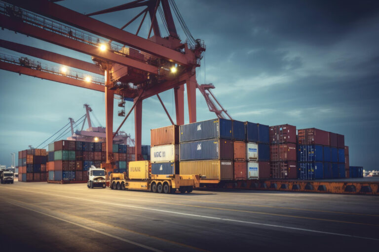 logistics-transportation-container-cargo-ship-cargo-plane-with-working-crane-bridge-shipyard-sunrise-logistic-import-export-transport-industry-background-ai-generative